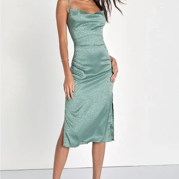 Lulu’s Sage Green Satin Jacquard Cowl Neck Midi Dress. - Picture 1 of 7